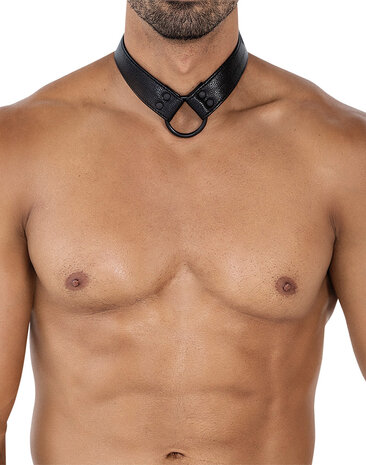 Cut4Men - Wetlook Collar met strap en Cockring - Zwart