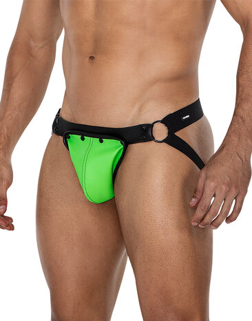 Cut4Men - Jock Snap - Jockstrap met Drukknoopjes - PU-Leder - Neon/Zwart - Maat L/XL