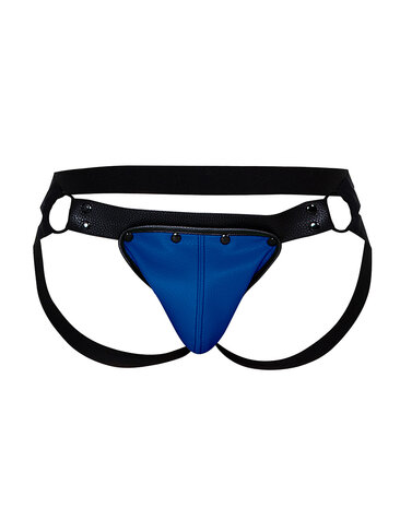 Cut4Men - Jock Snap - Jockstrap met Drukknoopjes - PU-Leder - Blauw/Zwart - Maat S/M