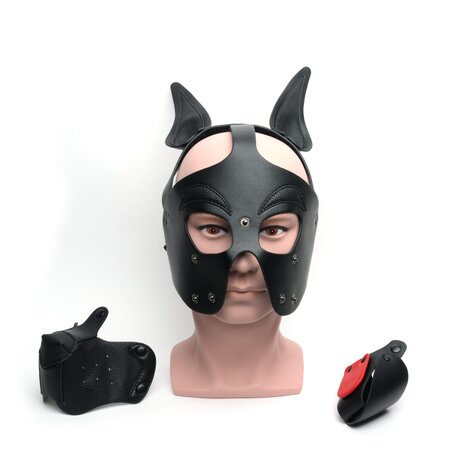 665 - Hood - Puppy Play Masker - PU Leer - One Size - Zwart - Playful Pup Hood All Black