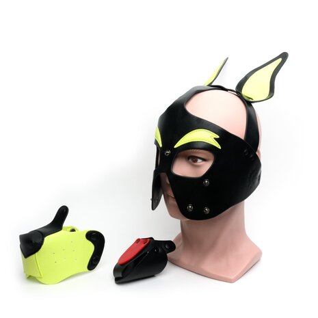 665 Leather -  Masker - Playful Pup Hood - Zwart/Geel - One Size