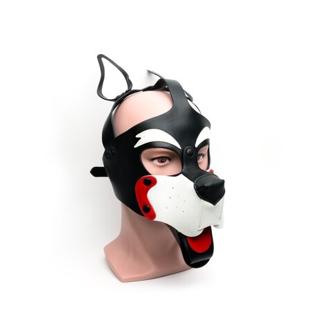 665 Leather - Puppy Hood van PU Leer -  Masker - Playful Pup Hood - Zwart Wit Rood - One Size