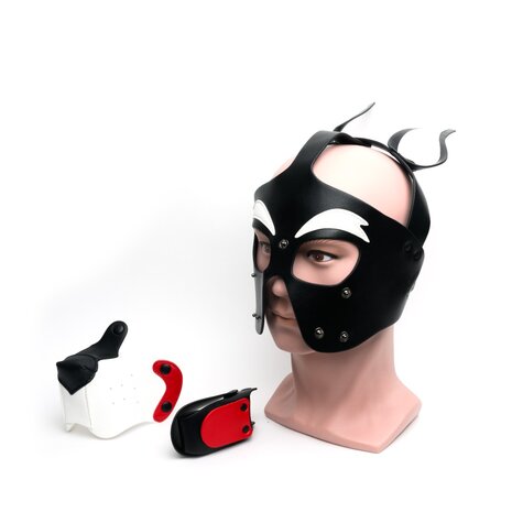 665 Leather - Puppy Hood van PU Leer -  Masker - Playful Pup Hood - Zwart Wit Rood - One Size