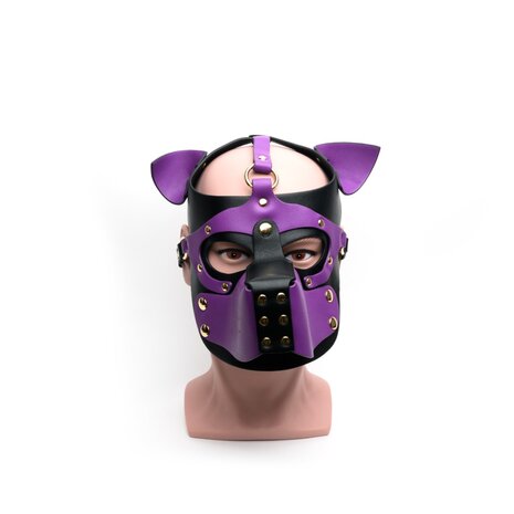 665 - Bondage Pup Hood - Puppy Play Hood - PU Leer - One Size - Zwart/Paars