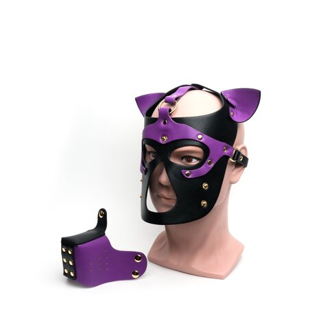 665 - Bondage Pup Hood - Puppy Play Hood - PU Leer - One Size - Zwart/Paars