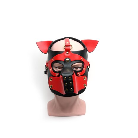 665 - Bondage Pup Hood - Puppy Play Hood - PU Leer - One Size - Zwart/Rood