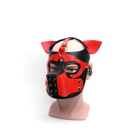 665 - Bondage Pup Hood - Puppy Play Hood - PU Leer - One Size - Zwart/Rood