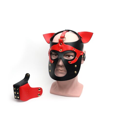 665 - Bondage Pup Hood - Puppy Play Hood - PU Leer - One Size - Zwart/Rood