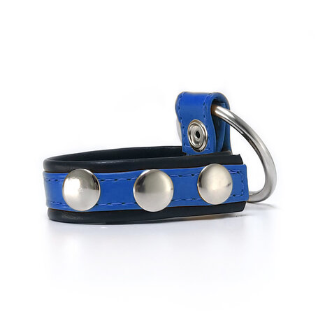 Black Label - Leren Cockstrap met Metalen Penisring - Zwart/Blauw