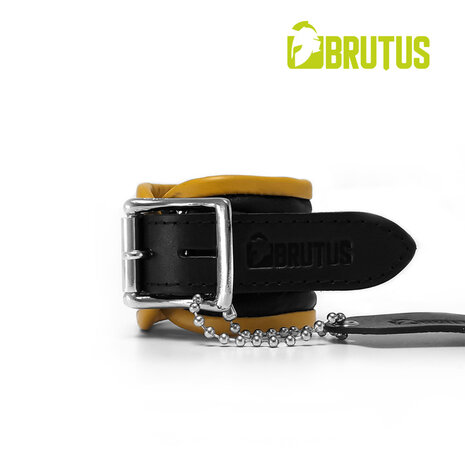 Brutus - Polsboeien - Leren Zwart Gele Handboeien - Afsluitbaar - Leather Wrist Restraints Black Yellow