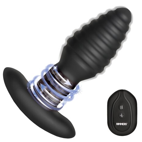 Rimmers - Model E - Vibrerende en Roterende Geribbelde Buttplug met Afstandsbediening - Zwart