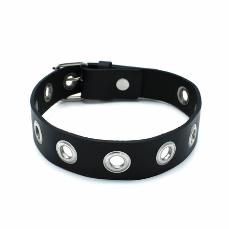 Kiotos - Zwarte Lederen Slanke Collar met  Leather Slim Collar with Multi-Metalen Eyelets