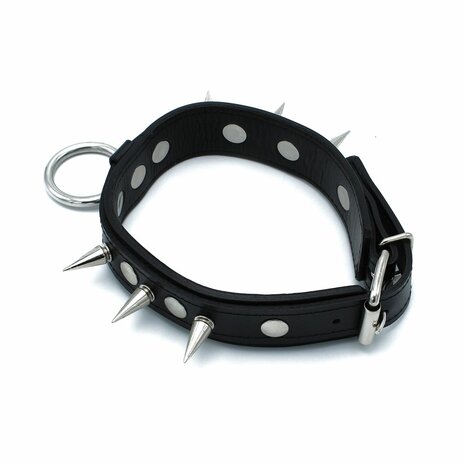 Kiotos - Zwarte Lederen Spiked Collar met O-Ring