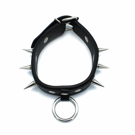 Kiotos - Zwarte Lederen Spiked Collar met O-Ring