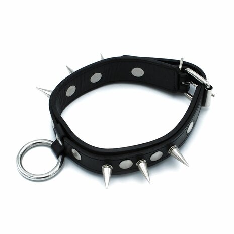 Kiotos - Zwarte Lederen Spiked Collar met O-Ring