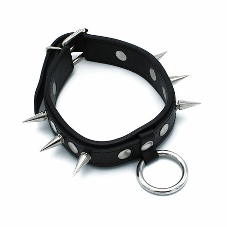 Kiotos - Zwarte Lederen Spiked Collar met O-Ring