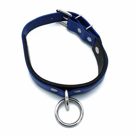 Kiotos - Zwart/Blauwe Lederen Collar met Grote O-Ring