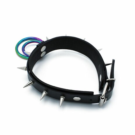 Kiotos - Zwarte Lederen Spiked Collar met Dubbele Rainbow O-Ring