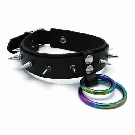 Kiotos - Zwarte Lederen Spiked Collar met Dubbele Rainbow O-Ring