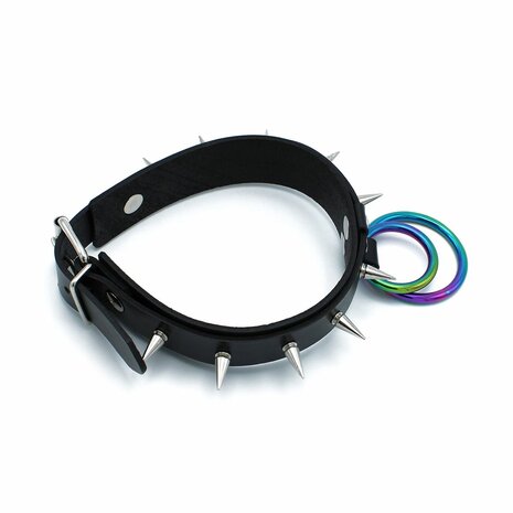 Kiotos - Zwarte Lederen Spiked Collar met Dubbele Rainbow O-Ring