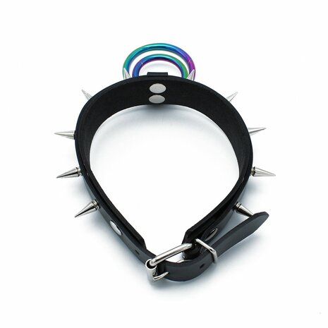 Kiotos - Zwarte Lederen Spiked Collar met Dubbele Rainbow O-Ring