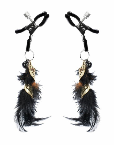 Rimba - Tepelklemmen met Zwarte Veertjes en Gouden Hangertjes  - Zwart/Goud