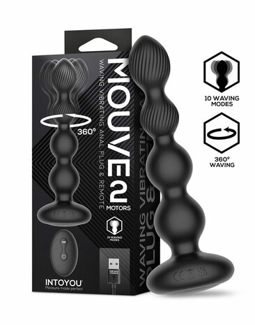 IY Mouve - Roterende en Vibrerende Geribbelde Buttplug met Afstandsbediening - 2 motoren - Zwart