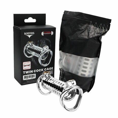 Kiotos - Twin Cock Cage - Dubbele Kuisheidskooi - RVS