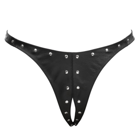 Rimba - Lederen Dames String met Open Kruis - Gedecoreerd met Studs - Zwart - Maat L/XL