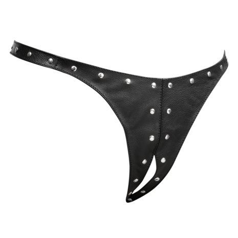 Rimba - Lederen Dames String met Open Kruis - Gedecoreerd met Studs - Zwart - Maat L/XL