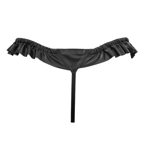 Rimba - Luxe Lederen Dames String met Ruches - Rekbare Bandjes - Zwart - Maat L/XL