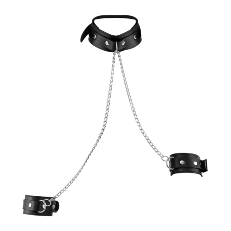 Rimba - Lederen Boeienset met Halsband en Ketting - Zwart/Zilver