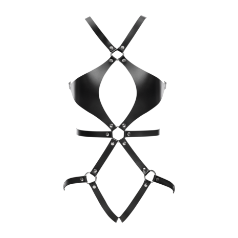 Rimba Bondage Play - Lederen Body Harnas met Cups - Zwart