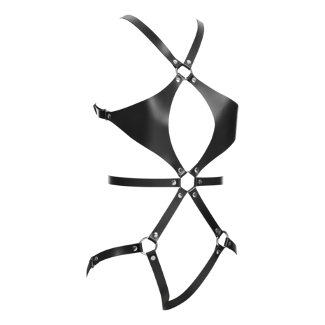 Rimba Bondage Play - Lederen Body Harnas met Cups - Zwart