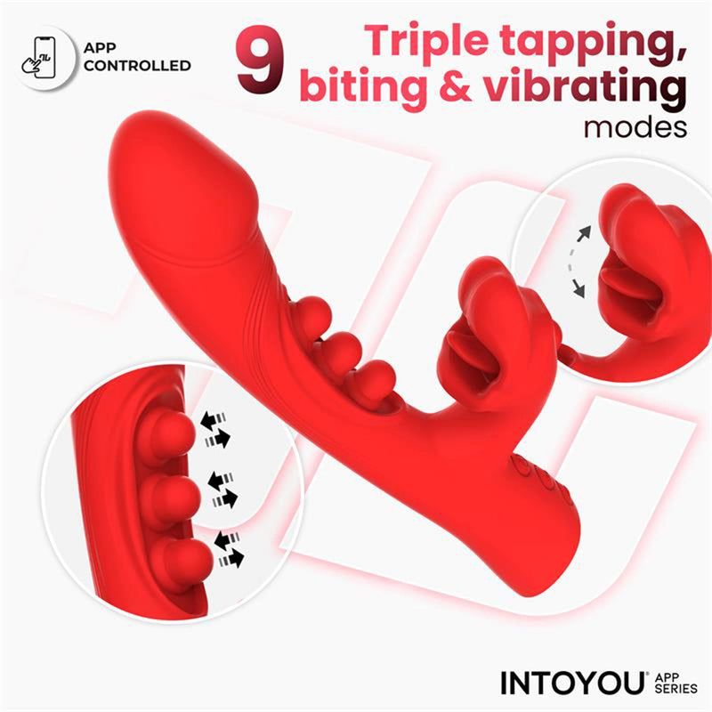 IY - Trixy - Driedubbele Kloppende Rabbit Vibrator met Likkende Tong - App Control - Rood