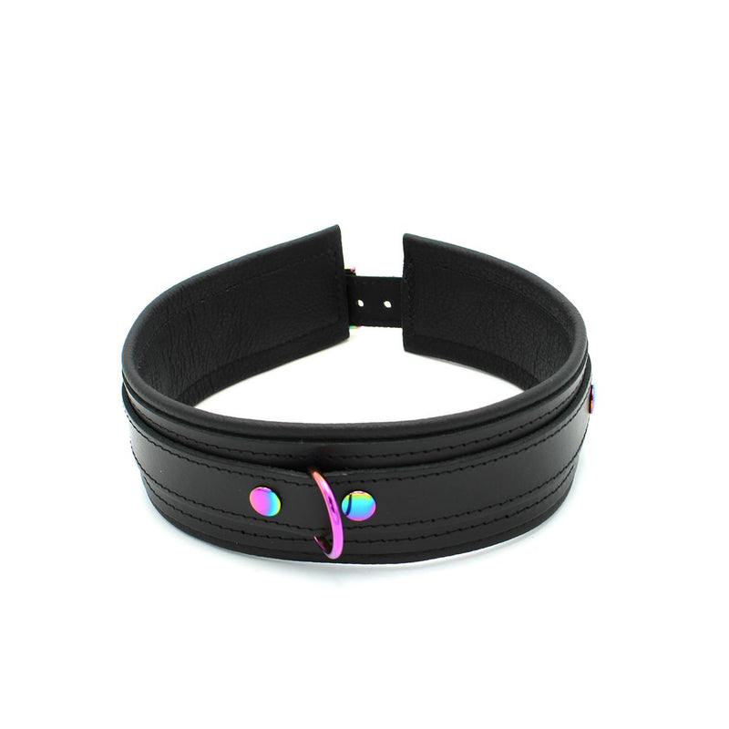 Kiotos - Premium Lederen Collar - Metalen Hardware in Unicorn Kleuren - Zwart/Rainbow