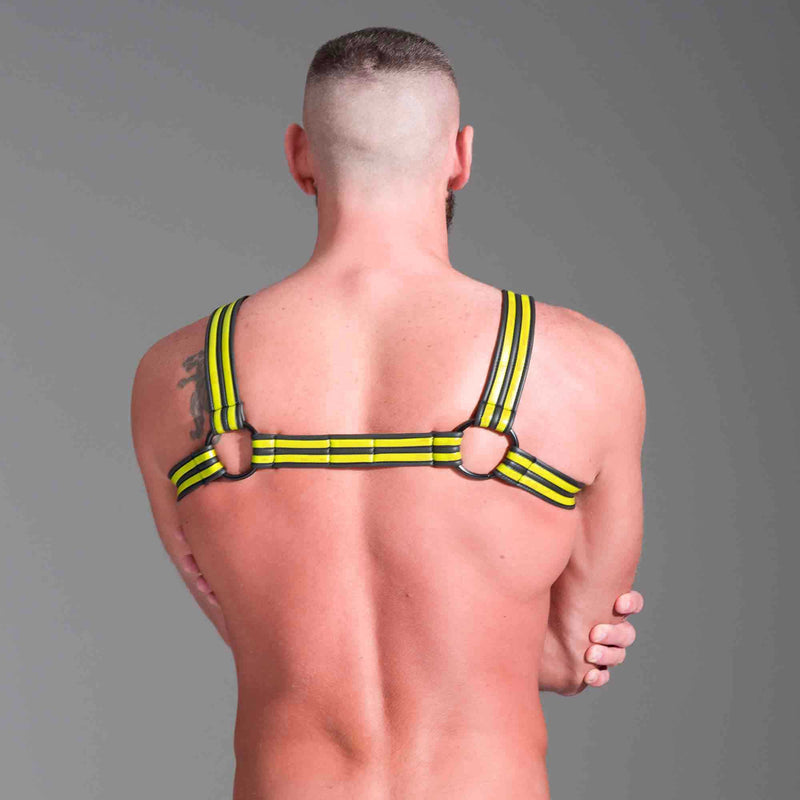 665 - Riemenbody - Neoprene Bulldog Harness - Zwart/Geel - Verkrijgbaar in 3 maten