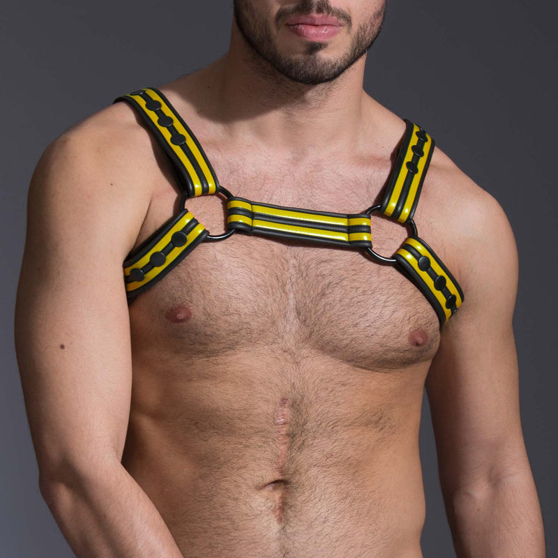 665 - Riemenbody - Neoprene Bulldog Harness - Zwart/Geel - Verkrijgbaar in 3 maten