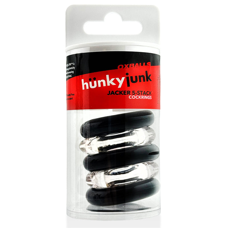 Hünkyjunk - Jacker - 5-Stack Stapelbare Cockringen - Zwart/Transparant-Erotiekvoordeel.nl