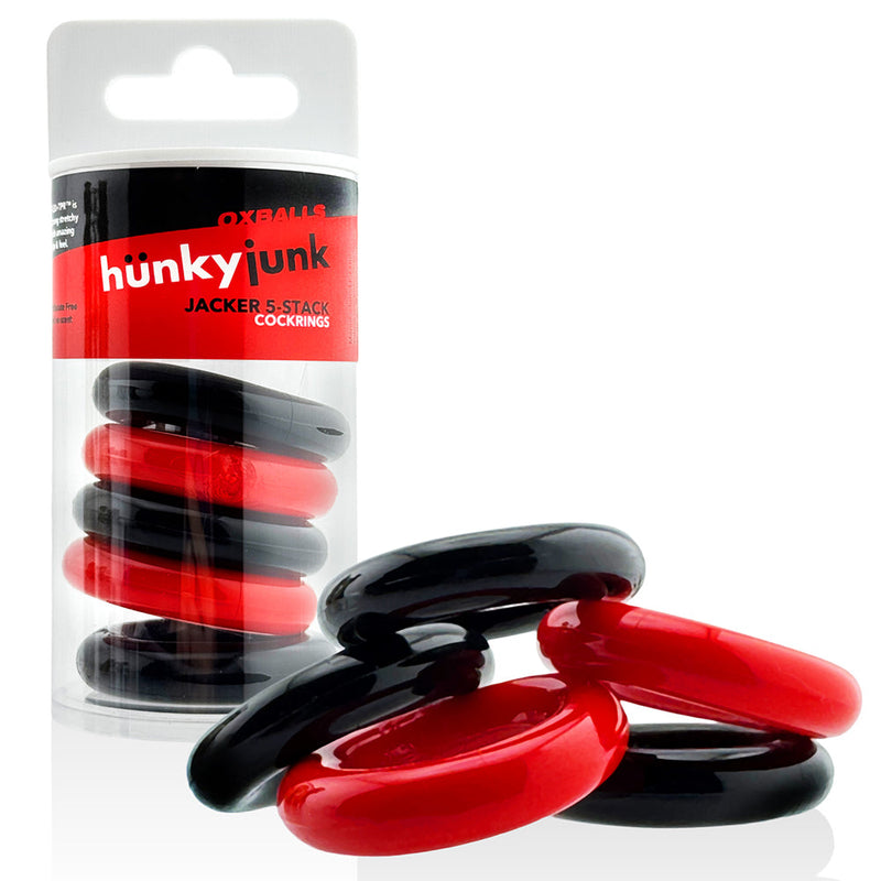 Hünkyjunk - Jacker - 5-Stack Stapelbare Cockringen - Zwart/Rood-Erotiekvoordeel.nl