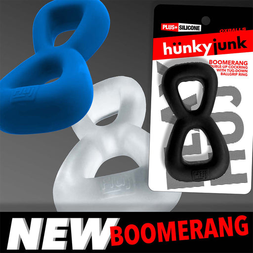 Hünkyjunk - Boomerang - Dubbele Cockring met Ballstretcher - Blauw-Erotiekvoordeel.nl