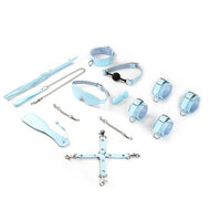 Liebe Seele - Macaron Luxe Bondage & BDSM Set met Handboeien, Enkelboeien, Halsband, Paddle, Flogger, Hogtie, Blinddoek, Ball Gag en Mini Massager- lichtblauw
