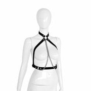 Kiotos - Body Harnas - Leren Riemen Body met Zilveren Ketting - Verstelbaar - Zwart Zilver