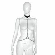 Kiotos Deluxe - Collar - Zwart Leren Halsband met Zilveren Kettingen - Verstelbaar