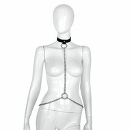 Kiotos Deluxe - Collar - Zwart Leren Halsband met Zilveren Kettingen - Verstelbaar