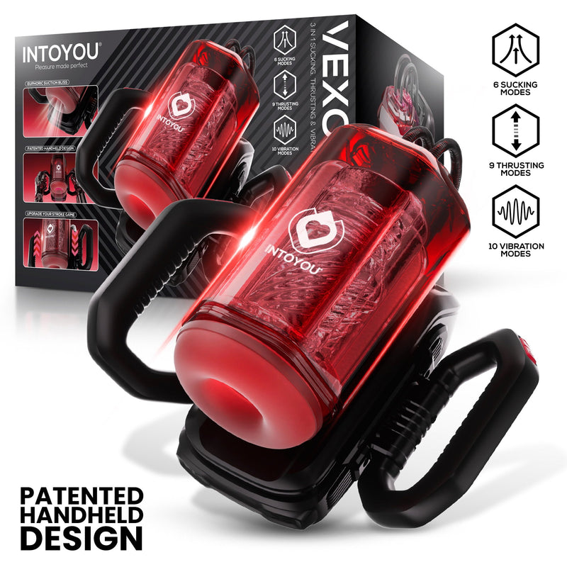 IY - Vexor - 3-in-1 Masturbator - Met Zuig- Stoot- en Vibratiefunctie - Zwart/Rood