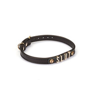 Liebe Seele - Smalle Collar Met Gouden Letters en Sierkristallen - Slut - Italiaans Kwaliteitsleder - Zwart