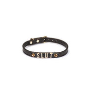Liebe Seele - Smalle Collar Met Gouden Letters en Sierkristallen - Slut - Italiaans Kwaliteitsleder - Zwart