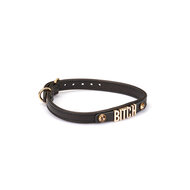 Liebe Seele - Smalle Collar Met Gouden Letters en Sierkristallen - Bitch - Italiaans Kwaliteitsleder - Zwart