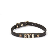 Liebe Seele - Smalle Collar Met Gouden Letters en Sierkristallen - Bitch - Italiaans Kwaliteitsleder - Zwart